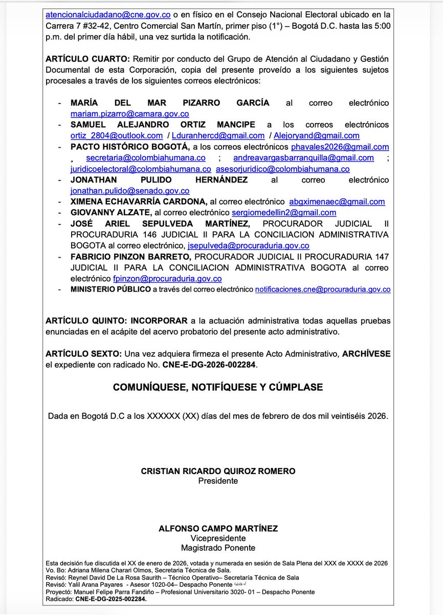 Atentos. Disculpen la hora pero me llega la ponencia para que el <a href="/CNE_COLOMBIA/">CNE Colombia</a> revoque por doble militancia la inscripción de María del Mar Pizarro <a href="/delmarpizarro/">Mar Pizarro</a>  como candidata a la Cámara por Bogotá, avalada por el Pacto Histórico.
Según la ponencia, ella no puede ser