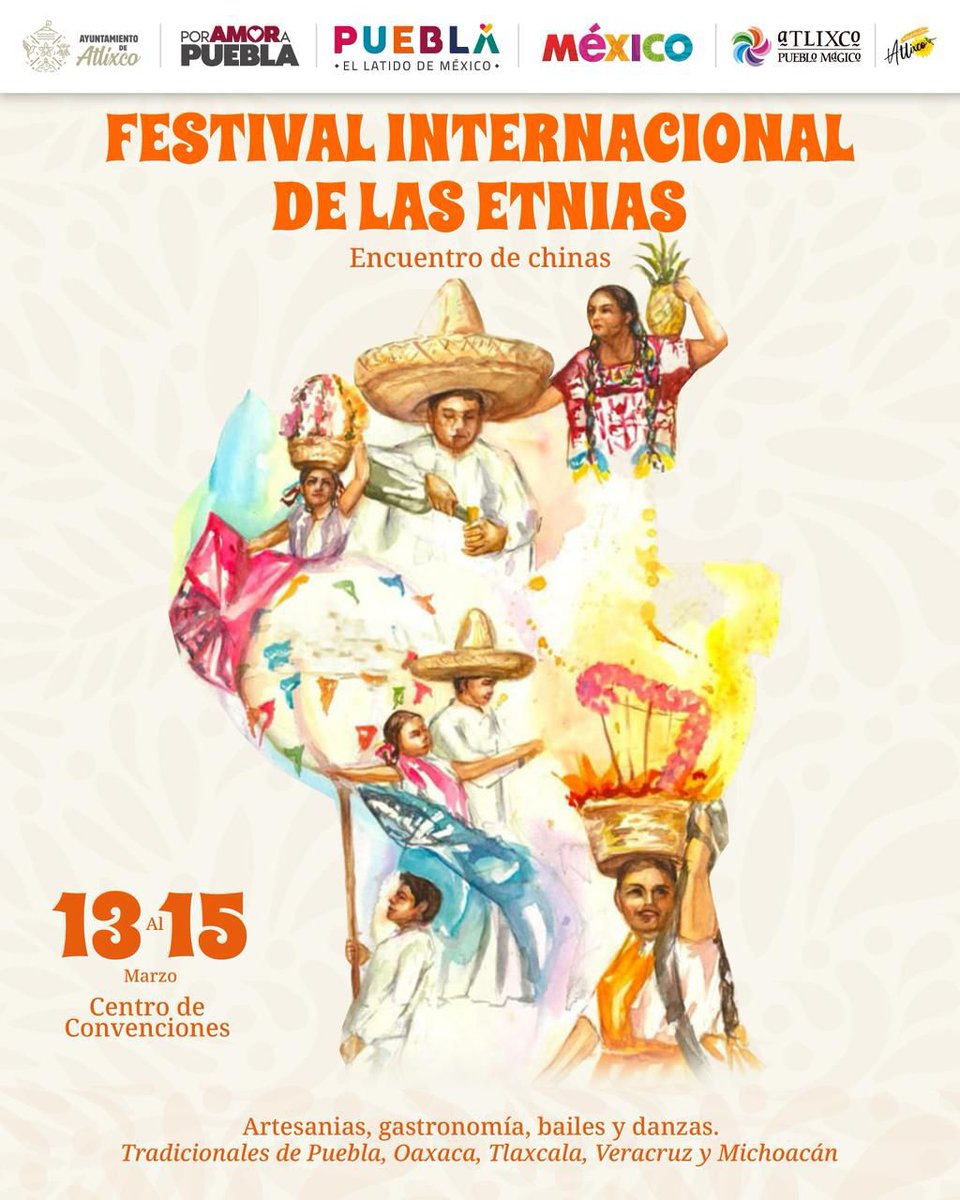 JCarlos_Valerio's tweet photo. ¡Atlixco celebrará en grande el Festival Internacional de las Etnias! 🌎✨
Del 13 al 15 de marzo, vive la riqueza de los pueblos originarios con #danzas, 60 stands de #artesanías y 40 gastronómicos. 🌮🎨 Un evento para fortalecer nuestra #identidad cultural.
¡Te invita @AriadnaAyala y el @AtlixcoAyto!
