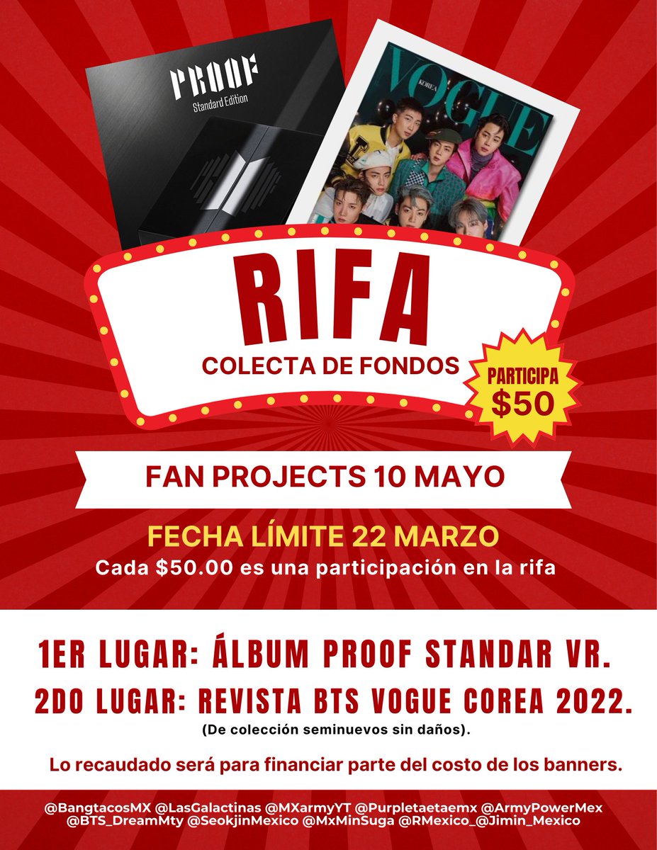 MxMinSuga's tweet photo. 📢 GRAN RIFA🚨

ARMY! con tu participación apoyas al proyecto de BANNERS para el concierto del 10 MAYO🇲🇽

🥇ALBUM PROOF
🥈REVISTA BTS VOGUE COREA

Por cada $50 pesos donados, recibe un boleto para la rifa💜

Info de como participar: 
https://t.co/Oon4tzAmrA

@BTS_twt #BTS_ARIRANG https://t.co/efjEPZktBj