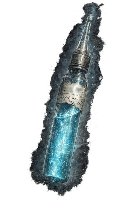 #キヴォトス・ダークソウル #ブルーアーカイブクロスオーバー 
《記憶アンプル》
失われた演算の雫
空白となった思考領域を埋めるために作られた
蒼き補助液。
内部では微弱な光が揺らぎ、
触れた者のヘイローを一瞬だけ強く発光させる。
その光は希望か、
あるいは再び繋がる鎖か。 