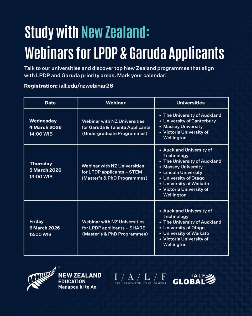 🌏✨ Mau kuliah di New Zealand dengan beasiswa LPDP atau Garuda?

Ikuti rangkaian Study with New Zealand Webinars dan kenali program unggulan dari universitas top di Selandia Baru yang sesuai dengan bidang prioritas beasiswa!

📅 Rabu - Jumat, 4–6 Maret 2026
📍 Live via Zoom