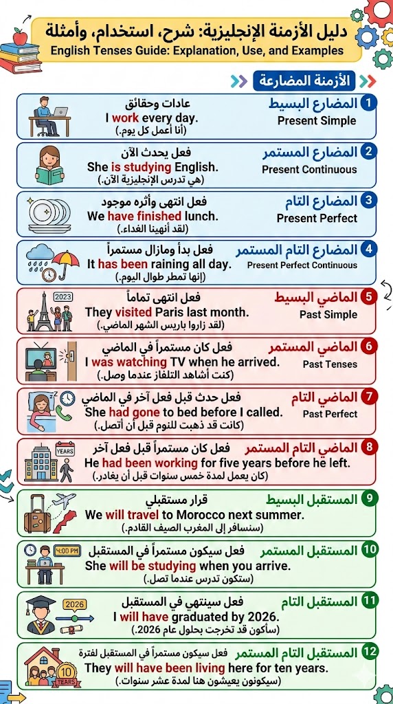 عقدتكم أزمنة الإنجليزي؟ 
جمعناها كلها بصفحة وحدة: (الزمن - متى نستخدمه - ومثال عليه)
فضلوها الحين.. مرررة مهمة وأكيد بتدعوا لنا! 👇