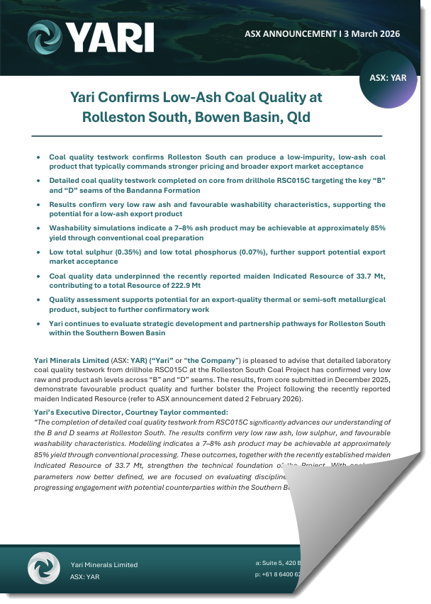 YariResources's tweet photo. 🚨Strong coal quality results continue to advance Yari Minerals’ Rolleston South Project. 

Detailed laboratory testwork has confirmed the potential to produce a low-impurity, low-ash coal product, supporting premium export market opportunities. Results from drillhole RSC015C highlight very low raw ash and favourable washability characteristics, further enhancing the Project following the maiden Indicated Resource announced in February 2026.

Read the full ASX release here ➡️https://t.co/GKE5FjsMUu

$YAR #YariMinerals #ASXNews #Investing #Mining #Coal