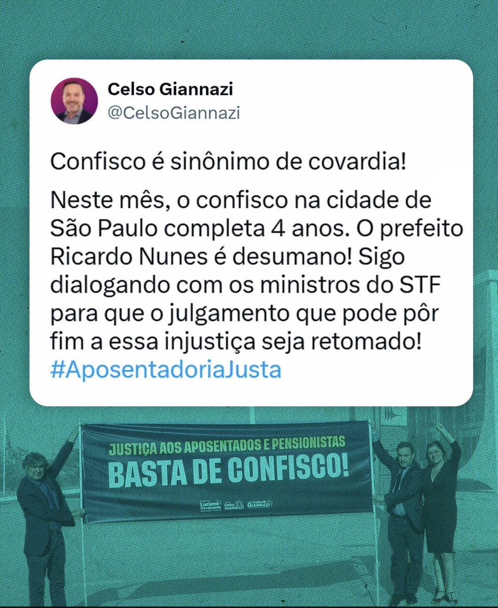 Aposentados pedem urgência no art. 149 da EC103/19. O confisco de 14% em nossa renda nos afeta profundamente.  <a href="/STF_oficial/">STF</a>
@nunesmarquesK
<a href="/MinAMendonca/">André Mendonça</a>
<a href="/Cristianozaninm/">Cristiano Zanin Martins</a>
<a href="/FlavioDino/">Flávio Dino 🇧🇷</a>
👇   Fora Confisco
Fachin Paute ADI 6254 
#AposentadoriaJusta