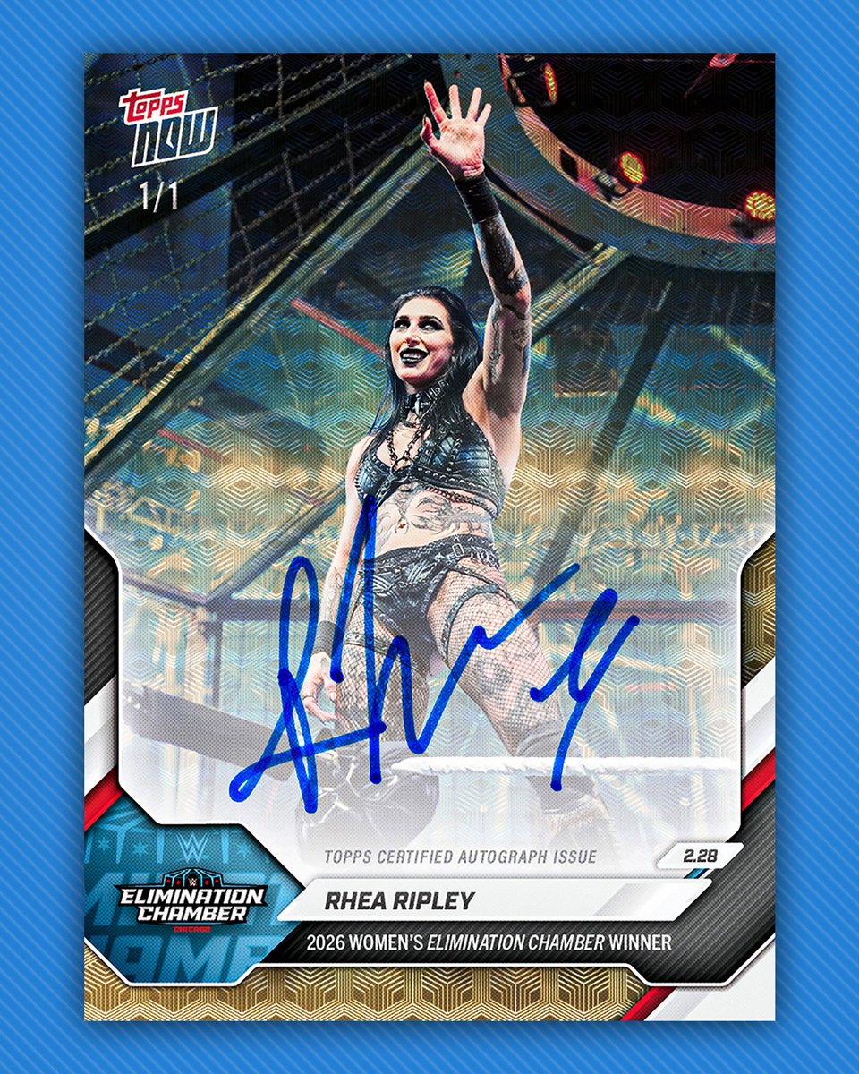 Topps's tweet photo. Randy Orton &amp; Rhea Ripley sign epic 1-of-1 autographs after their Elimination Chamber wins 🔥 https://t.co/C1jlNjMz83
