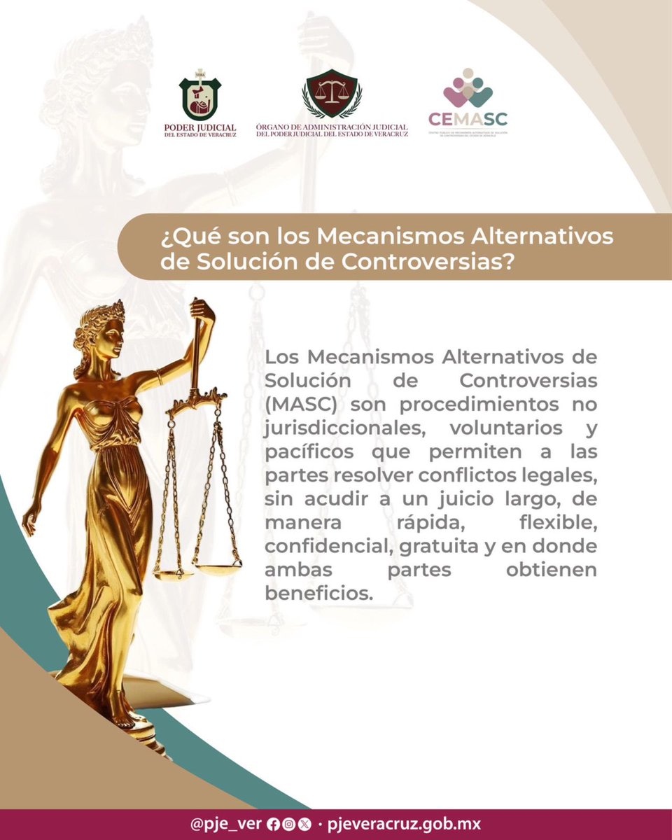 Los MASC permiten resolver conflictos de forma rápida, pacífica y confidencial, sin necesidad de un juicio.

Conoce más en el micrositio:
🔗 pjeveracruz.gob.mx/cemasc

#PJEVeracruz #CEMASC 
#MecanismosAlternativos