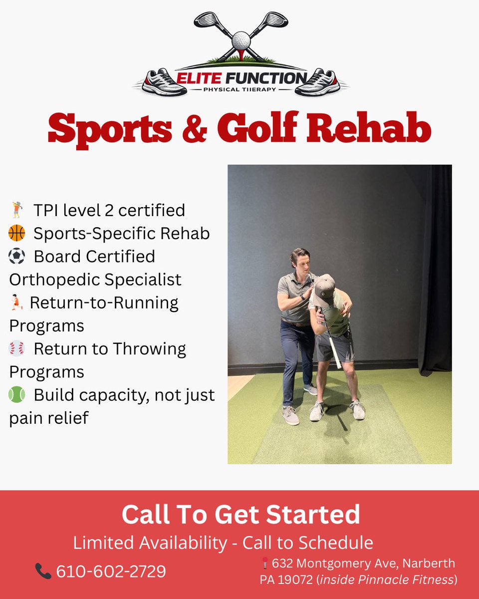 FantasyInjuryT's tweet photo. Philly area people! 

I’m excited to officially announce the launch of Elite Function Physical Therapy, a one-on-one, performance-focused PT practice built for people who want more than the standard rehab experience.

Every visit is a full 60-minute, 1-on-1 session.  No double booking. No shortcuts. Just Results.

This model allows me to give each person my full attention and design care that’s actually focused on getting you back to what you love, whether that’s golf, running, lifting, or just moving pain-free.

Located in Narberth on the Mainline (Inside Pinnacle Fitness)

Slide through the pics to see what I offer