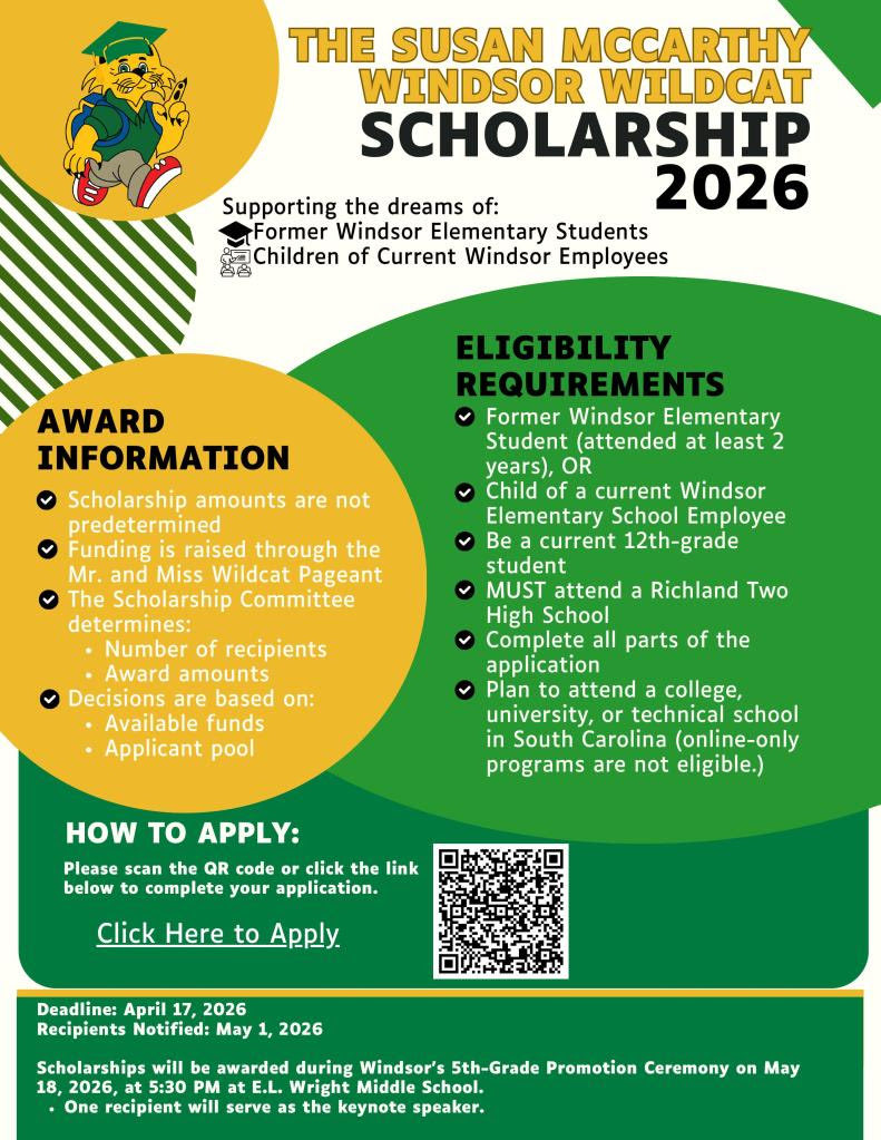 <a href="/RNECavaliers/">Richland Northeast HS</a> c/o 2026 - if you attended Windsor Elementary apply for this scholarship!!