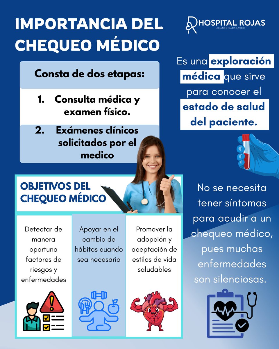 HospitalRojas's tweet image. Un chequeo médico anual puede ayudar a detectar enfermedades antes de que presenten síntomas🩺🔍

La prevención es una decisión💙
Agenda tu revisión 📅 y cuida tu bienestar✨

#HospitalRojas #PrevenciónEsSalud #ChequeoMédico