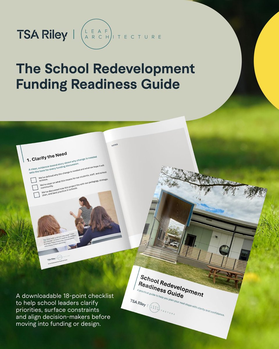 leaf_arch's tweet photo. Thinking of expanding your school?
New guide reveals 3 issues stalling growth plans + 18-point checklist to build funding readiness. Developed by TSA Riley &amp; Leaf Architecture from real projects. 
Read + download: https://t.co/9Ebtdm8GIg
#SchoolRedevelopment #SchoolFunding https://t.co/MCyZHng3lv