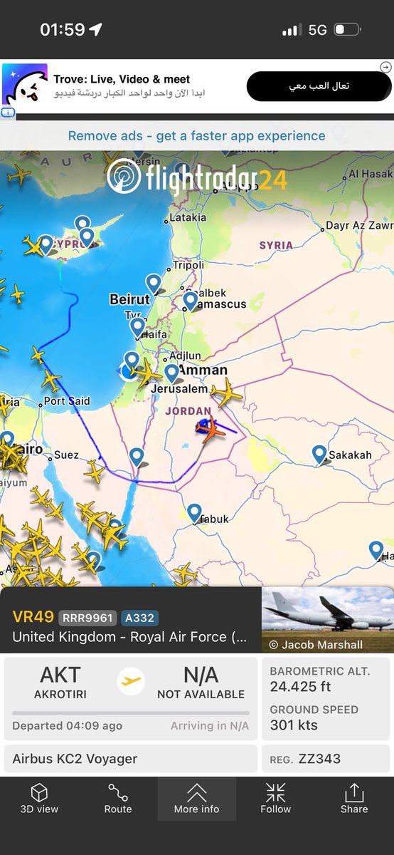 FloppingNuts's tweet photo. Spotted. RAF Voyager tanker heading SE over Jordan after departing Akrotiri. 
UK Iran struck with a Shahed drone hours ago.

UK says it’s “not at war.” But its tankers are airborne 24/7 refueling jets defending Gulf states and Israel. https://t.co/TwJXDuvi4c