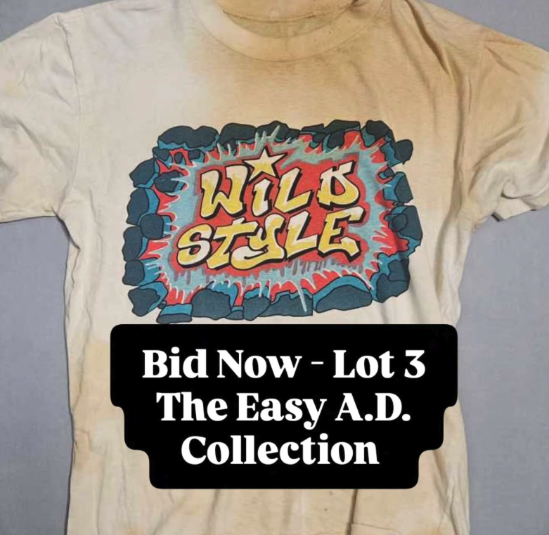 HipHopGrails's tweet photo. Easy A.D. 1983 "Wild Style" movie T-shirt worn during the 1983 Wild Style promotional tour to Japan.

From the personal Collection of Easy A.D.  Wild Style logo created by Zephyr.

U can register 2 bid on this shirt (LOT 3) at https://t.co/8ackD00Nl2

#wildstyle #easyad #HipHop https://t.co/OkaIzCyjF8