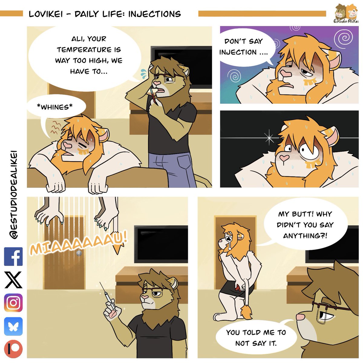 Parece chiste pero es anécdota
🦁🦁🦁❤️
Sounds like a joke but it happened

#Estudiodealikei #Loven #Alikei #Mochi #Furry #FurryFandom #FurryComic #Comic #Historieta #TiraComica #cartoons