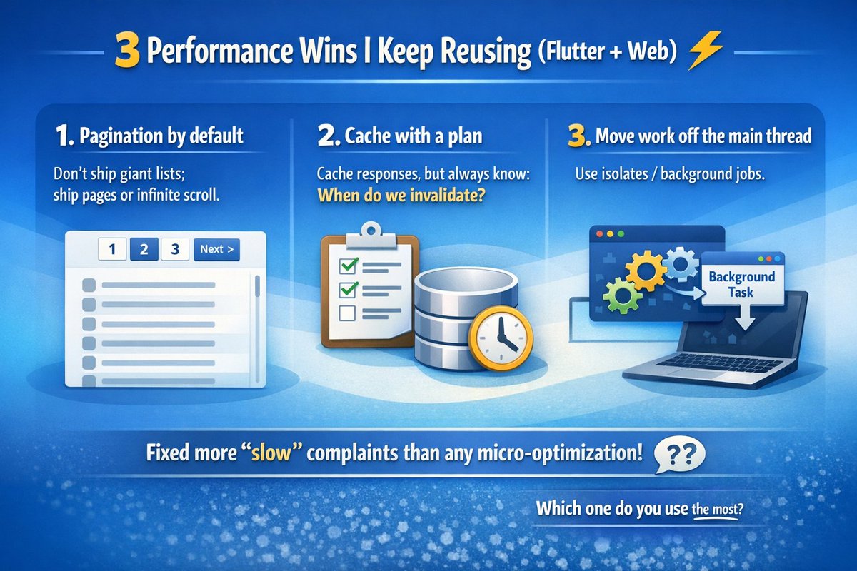 PrinceUdogod's tweet photo. Performance wins I reuse almost anythime:

• pagination by default
• cache + clear strategy
• heavy work off the main thread

Most “slow app” complaints die after these.

#Flutter #WebDev https://t.co/gYp3zgAkof