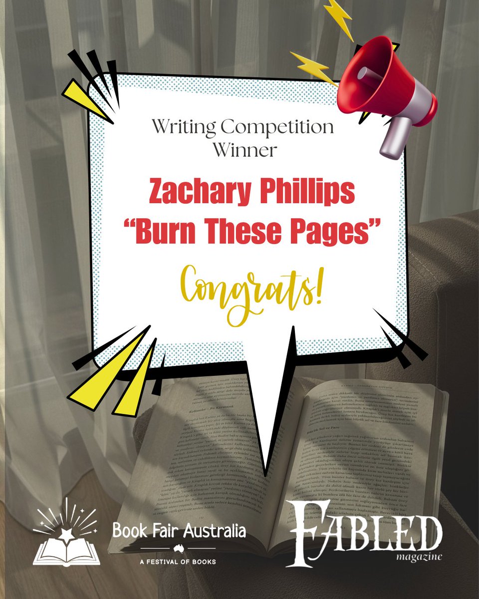 📢 Congratulations Zachary Phillips, you are the winner of our writing competition with Fable Magazine!

Your work “Burn These Pages” will be published in Issue 2 of the magazine.

To everyone who submitted, thank you for sharing your stories with us! 💛