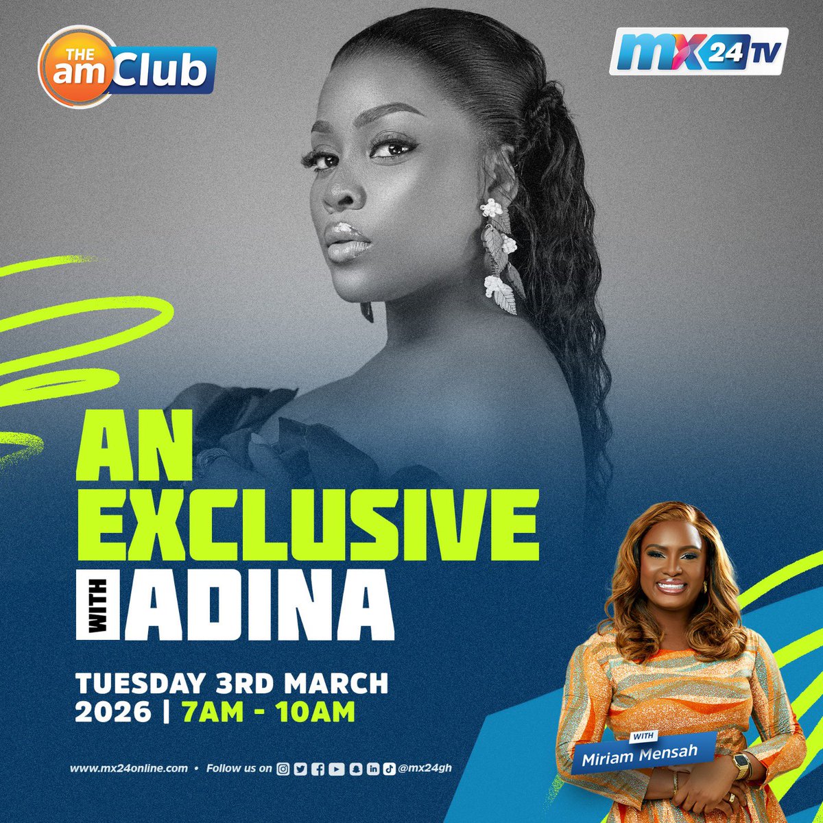 mx24gh's tweet image. We're excited to have Adina on #TheAMClub this morning for an exclusive sit-down with @miriamumensah. It promises to be a fascinating conversation you won't want to miss! 

#mx24gh #funfearlessfactual #TheAMClub #Adina