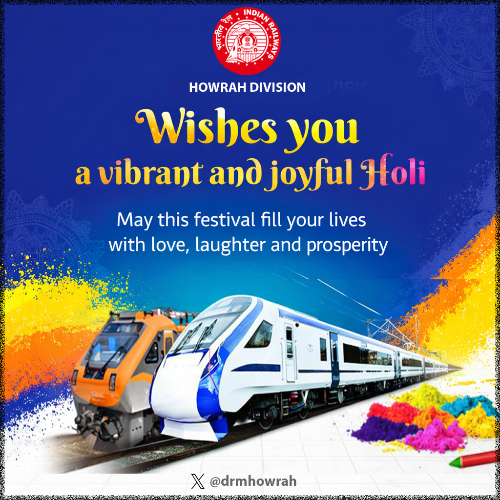 drmhowrah's tweet photo. Howrah Division wishes everyone a very Happy Holi!
May this festival of colours bring happiness, prosperity, and harmony to all.
Enjoy a safe and joyful celebration!
#HappyHoli #Holi2026 #FestivalOfColors #HowrahDivision https://t.co/gzCTTFJnsF