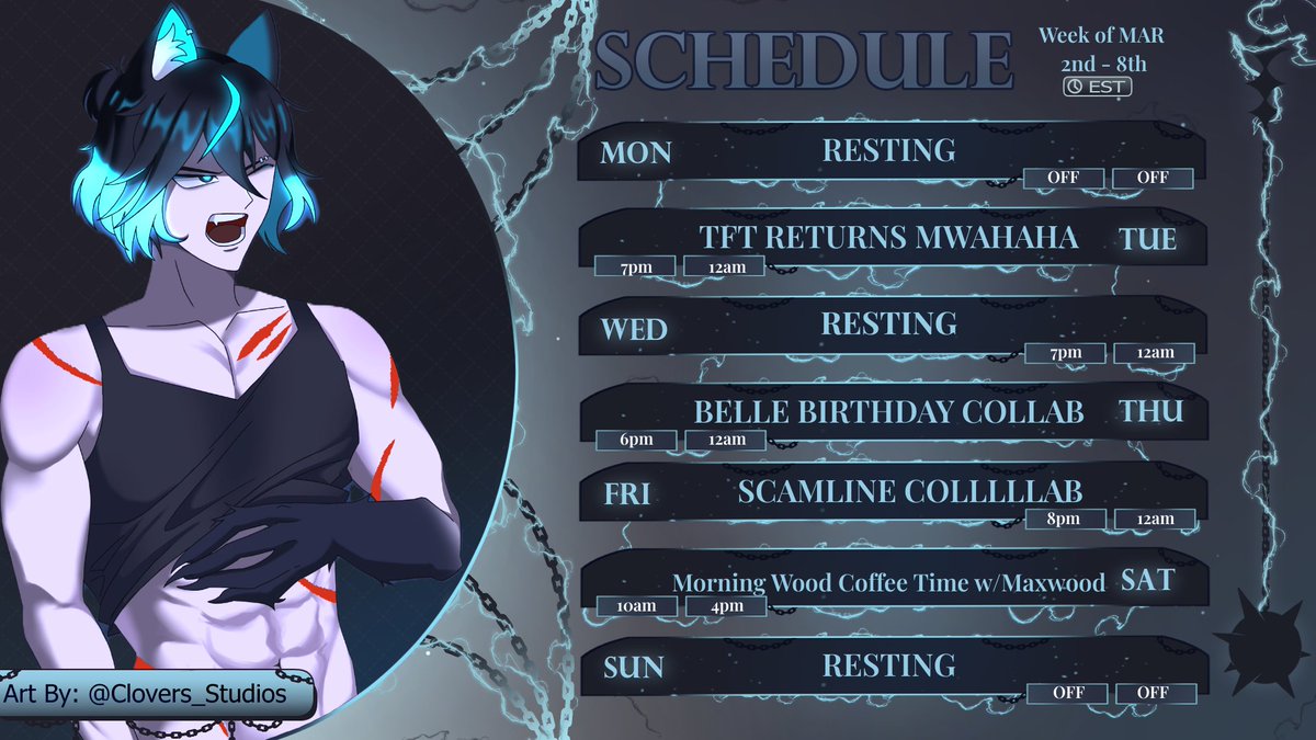 ‼️SCHEDULE IS OUT‼️

TUE: TFT is back babyyyy 😎

THUR: JackBox/Amogus for <a href="/teddybear_belle/">Belle</a> BIFDAY

FRI: Scamming friends AGAIN in Scam line Collab🥸

SAT: Morning Wood Coffee w/ Maxwood 🪵

💙⚡️⛓️🖤