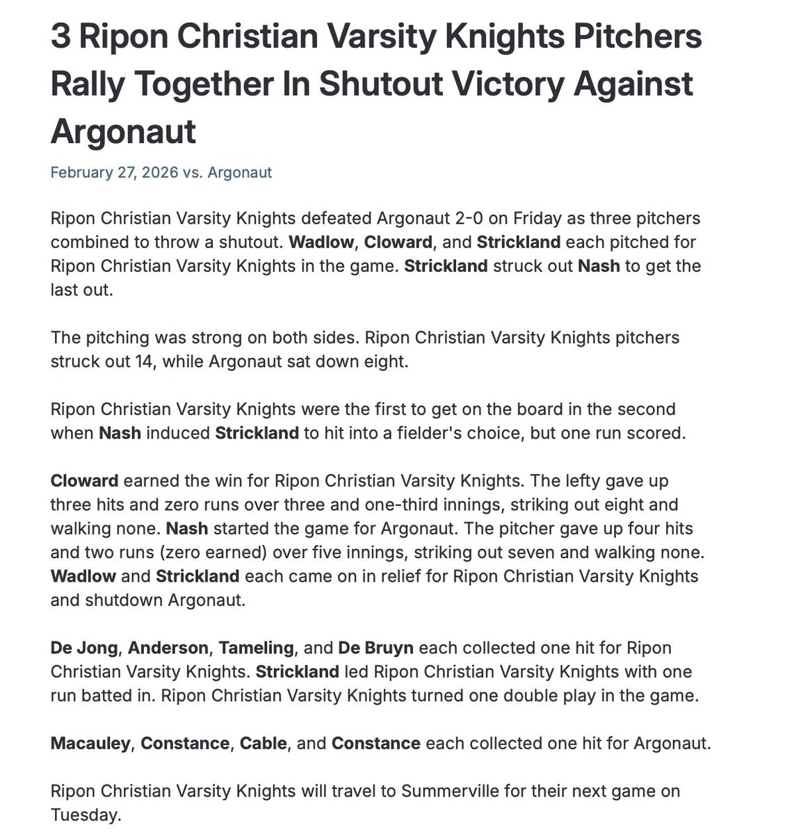 RCKnightsBsb's tweet photo. Ripon Christian 2, Argonaut 0. ⚾️
Three pitchers combine for 14 strikeouts in a shutout win.
Composed on the mound. Connected as a team.
Standard set.
#RiponChristian #RCBaseball #KnightsBaseball #209Baseball #HighSchoolBaseball https://t.co/PIqi3ybmt6