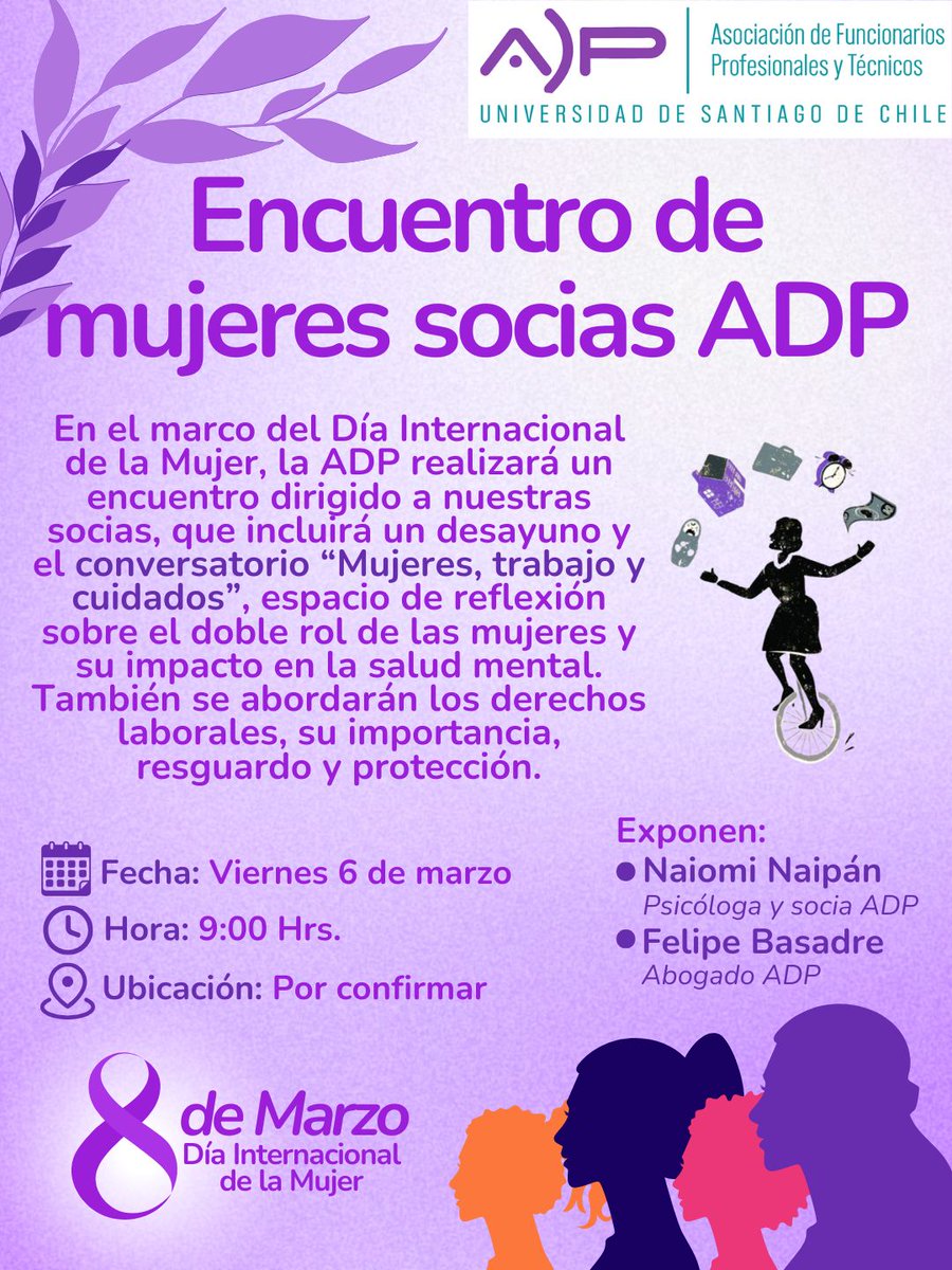 ADPUSACH's tweet photo. En el marco del Día Internacional de la Mujer, invitamos a nuestras socias a participar en un espacio de encuentro, diálogo y reflexión.
📅 Viernes 6 de marzo
🕘 9:00 hrs.
📍 Ubicación: por confirmar
Exponen:
🔹 Naiomi Naipán, Psicóloga y socia ADP
🔹 Felipe Basadre, Abogado ADP https://t.co/Q6TBiTaTAN