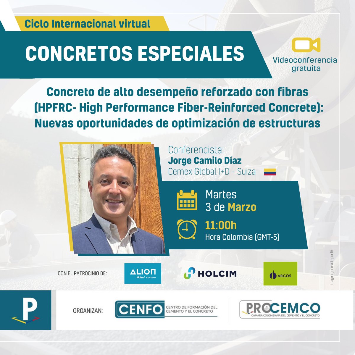 Concreto de alto desempeño reforzado con fibras: Nuevas oportunidades de optimización de estructuras

📌 Ciclo virtual Concretos Especiales
📅 Martes 3 de marzo de 2026
🕜 11:00 a.m. hora Colombia
🆓 Videoconferencia sin costo

¡Inscríbete ya!
us02web.zoom.us/webinar/regist…