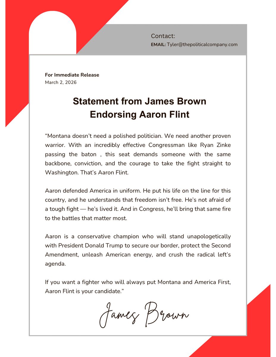 tylernewcombemn's tweet image. Statement from James Brown endorsing @aaronflint for Congress. #mtpol