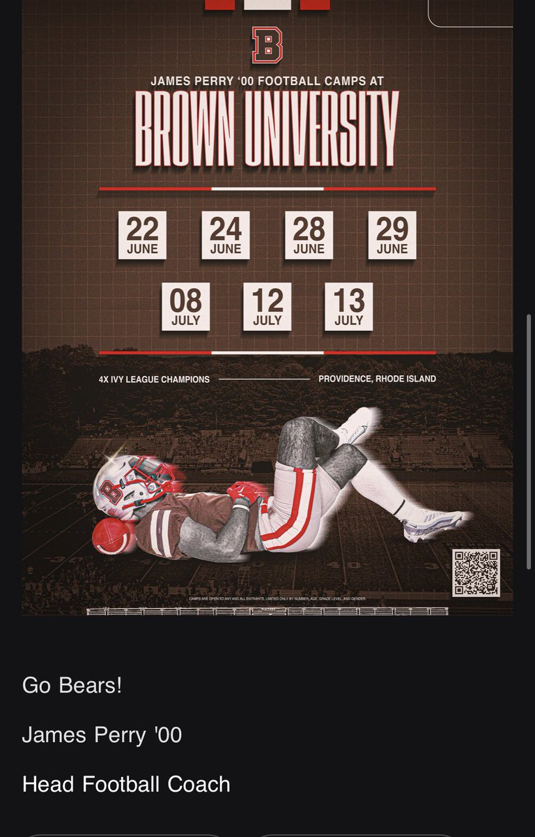 Thank you <a href="/BrownHCPerry/">James Perry '00</a> for the camp invite excited to see what your program has to offer! 
Reece Trego Class of 29’ 6’2 220 OL DL
<a href="/CoachCook_CHS/">Brandon Cook</a> <a href="/CoachLanceo/">Coach Lance</a> <a href="/CoryLRN/">Cory Sisson</a> <a href="/OLCoachSmith63/">eric smith</a> <a href="/CoachZPatterson/">Zion Patterson</a> <a href="/JakeLRN/">Jake Botticello</a> <a href="/footballcoach79/">coachweider</a> <a href="/Carlisle_FB/">Carlisle HS Football</a> <a href="/4thDownMag/">4th Down Magazine</a> <a href="/SportsByBLinder/">Brian Linder</a>