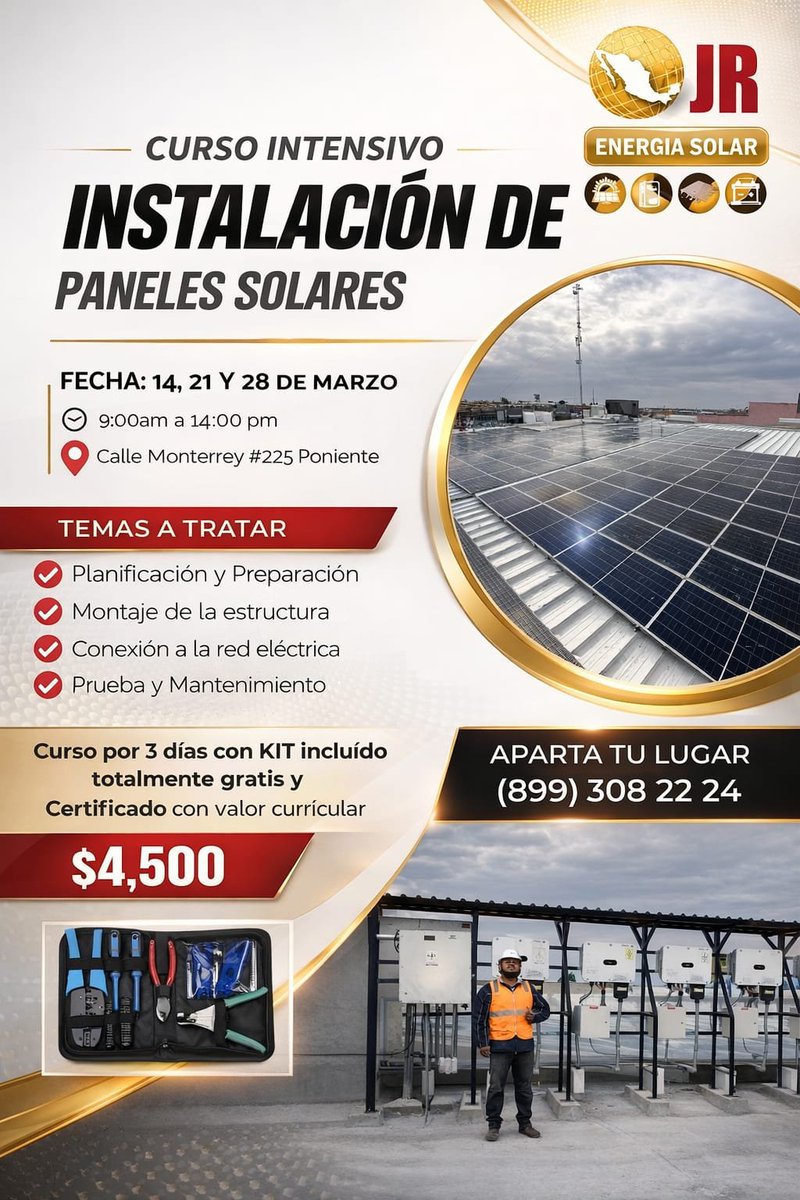 Webxpress_top's tweet photo. JR Energía solarinvita a tomar nuestro #curso intensivo de instalación de #panelesolares. Tres días para aprender lo necesario para poder desempeñarte en ésta área de gran valor comercial.

Contribuye a un mundo #limpio con #energiasrenovables, #Reynosa #Tamaulipas 👍
#industria https://t.co/vNk5Tdzgtj