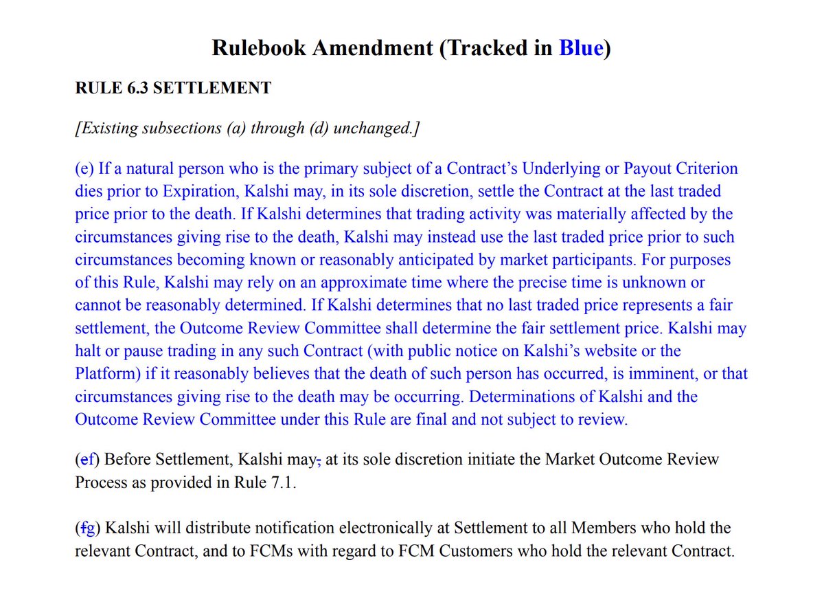 Kalshi notifies the CFTC of a Death Rule it is adding to its rulebook
