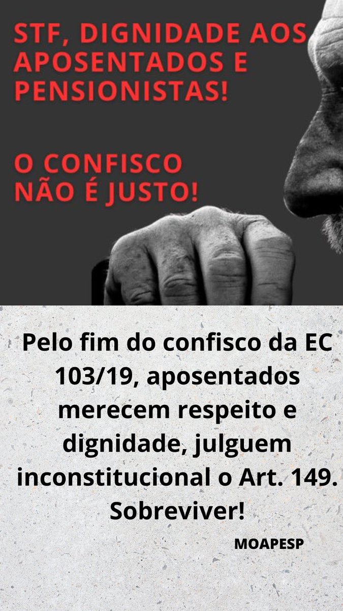 STF, o confisco de 14% é um peso insuportável para aposentados. Pedimos urgência na pauta do art. 149.  <a href="/STF_oficial/">STF</a>
<a href="/gilmarmendes/">Gilmar Mendes</a>
@ICLNoticías
Alexandre de Moraes
👇   Fora Confisco
Fachin Paute ADI 6254 
#AposentadoriaJusta