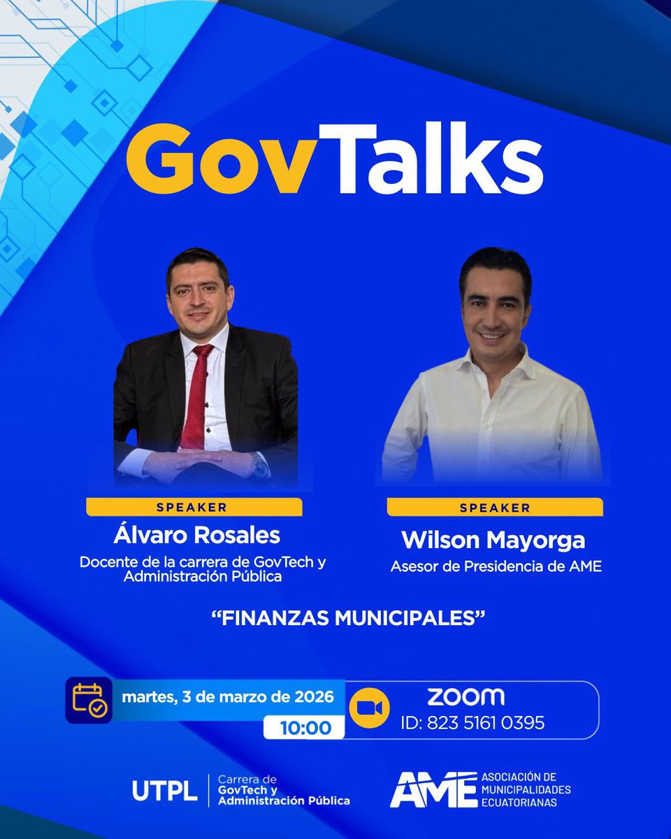¿Quieres entender cómo se gestionan realmente los recursos en un municipio? 🏦📊

Tenemos una cita en GovTalks: *Manejo de Finanzas Municipales*. 

📅 ¿Cuándo? Martes 3 de marzo
🕙 ¿Hora? 10:00 a. m.
🔗 Conéctate aquí: us02web.zoom.us/j/82351610395
