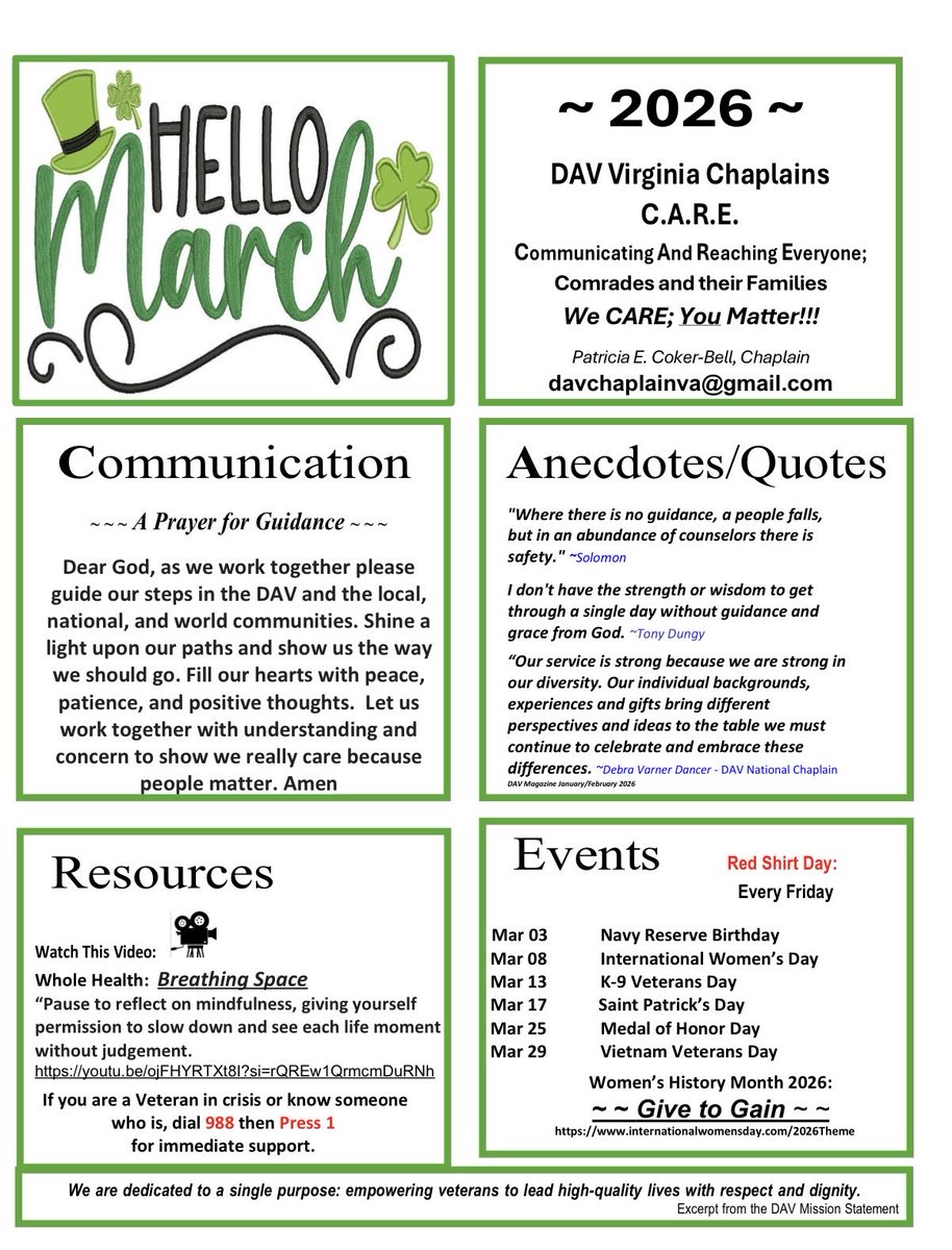 Department of Virginia Chaplain March Newsletter.