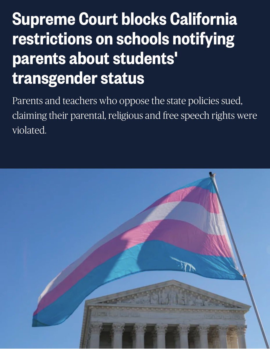 HUGE victory for parental rights against Gavin Newsom!

The Supreme Court has ruled that parents must be informed of any social transition. 

No more name and pronoun changes in secret, which was California’s policy.

Newsom even passed a law banning school districts from