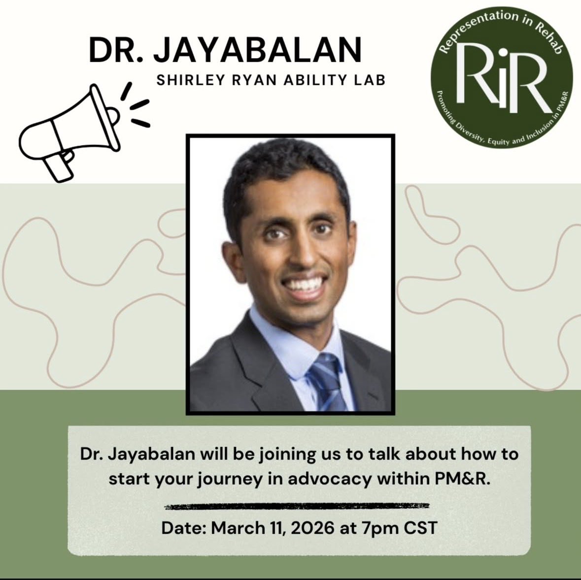 DrRaqtopusMD's tweet photo. Interested in advocacy but unsure of how to start? Join @RepresentRehab on March 11, 2026 at 7 PM CST to hear Dr. Prakash Jayabalan explain advocacy from the point of view of the student or resident physiatrist. 
DM for link! https://t.co/bmieTqA821