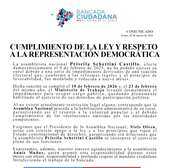 EcEnDirecto's tweet photo. #ATENCIÓN 
"La asambleísta nacional Priscila Schettini Castillo, electa democráticamente el 9 de febrero de 2025, no ha podido ejercer su #curul debido a una serie de #impedimentos derivados de una sanción electoral que, conforme a las reformas legales y al principio de favorabilidad, fue modulada y reducida a nueve meses", denunció la @BancadaRC5, exigiendo Niels Olsen, presidente de la #AsambleaNacional, a actuar como lo dicta el #Estado constitucional de derechos y cumplir lo que legalmente corresponde.