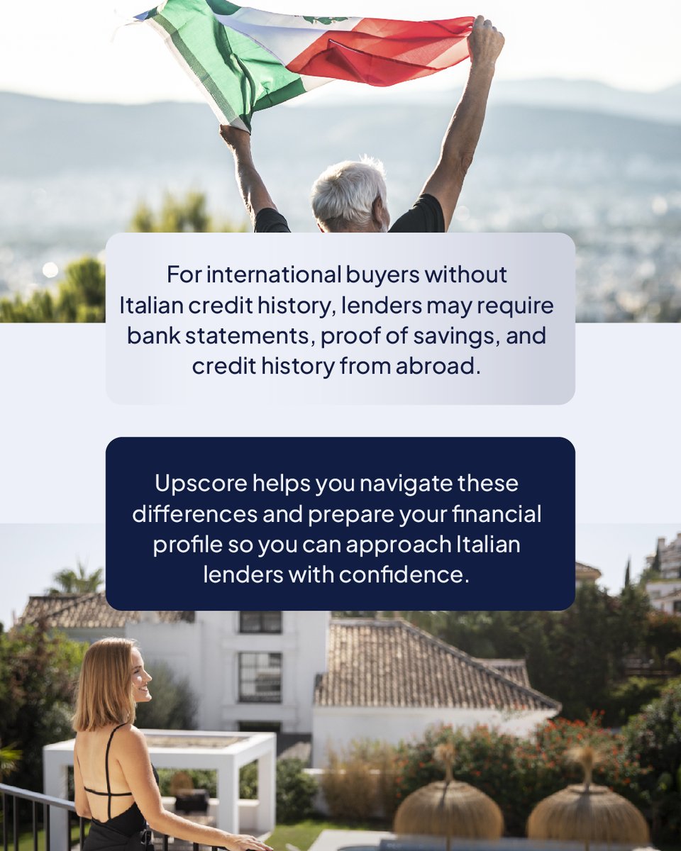UpscoreApp's tweet photo. Did you know IT doesn’t use a single credit score like the US or UK? Lenders assess your financial history, income stability &amp; documentation instead.

👉 Upscore helps international buyers prepare the right profile to secure an Italian mortgage even without local credit history. https://t.co/CGWuH9Z6TN