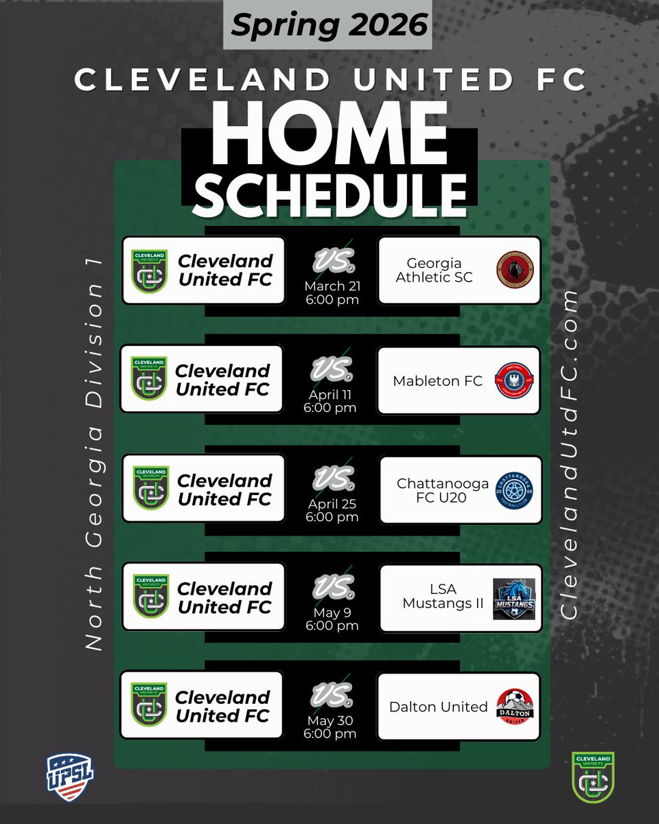 ClevelandUtdFC's tweet photo. Our first season starts here.
The Spring 2026 schedule is official, and we’re proud to bring Cleveland its first semi-pro season of soccer.
🎟️ Home game tickets: https://t.co/8khrw4LAYj
#WeAreCUFC 💚🖤💚 https://t.co/bVxUx3Lu1B