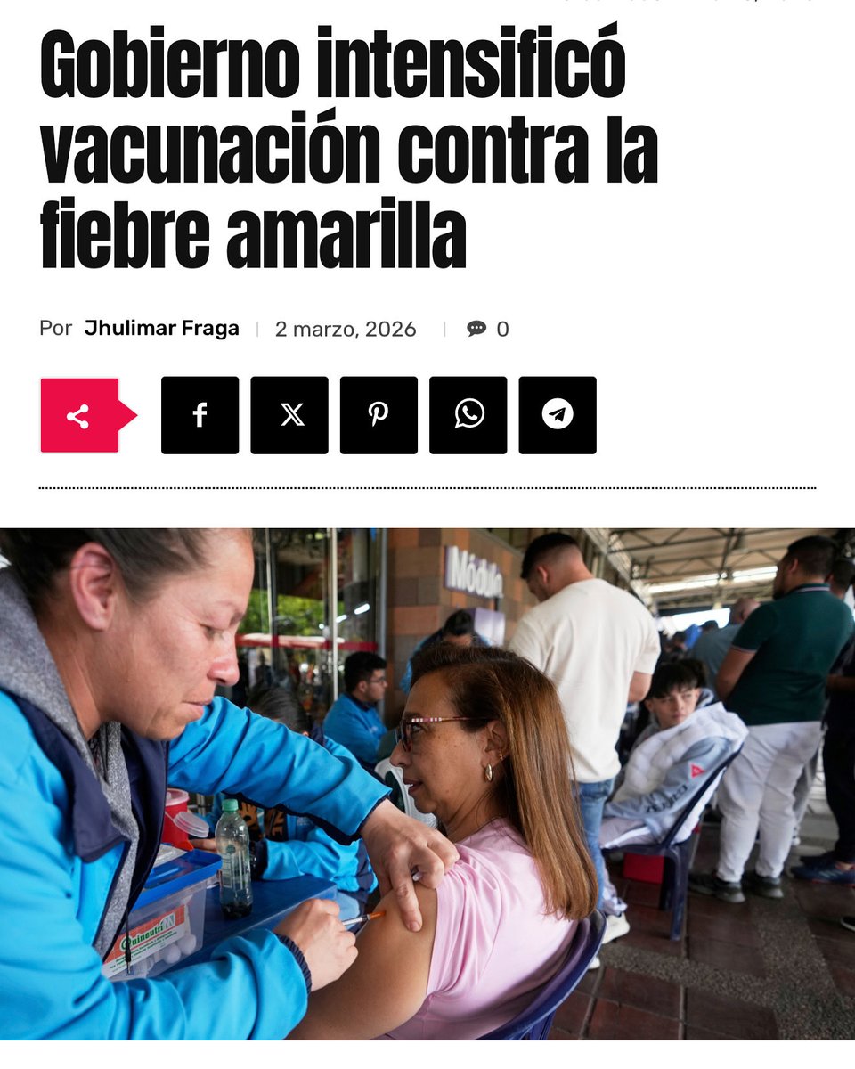 sanches49673's tweet photo. En el marco de las políticas de prevención y resguardo de la salud pública, la vicepresidenta sectorial de Salud, Ecosocialismo, Ciencia y Tecnología, Isabel Iturria, anunció el despliegue de una jornada especial de vacunación contra la fiebre amarilla. Esta estrategia busca fortalecer la barrera inmunológica en el territorio nacional tras el anuncio realizado el pasado 25 de febrero por la presidenta encargada, Delcy Rodríguez.
La doctora Iturria precisó que esta primera fase de intensificación aborda actualmente 22 parroquias distribuidas en cuatro estados priorizados: Aragua, Barinas, Lara y Portuguesa. En cuanto a la distribución geográfica, las autoridades sanitarias activaron operativos específicos en Aragua, específicamente en las parroquias Libertador, Camatagua, San Casimiro, Valle Morín, San Sebastián y Villa de Cura. Por otro lado, en el estado Barinas, la jornada alcanza 10 sectores, entre los que destacan Alberto Arvelo Torrealba, Arismendi, Santa Lucía, Alto Barinas y Barinitas.
De igual manera, el Ministerio del Poder Popular para la Salud ejecuta este plan de vacunación en Lara a través de las parroquias Agua Viva, Guerrera Ana Soto y Gustavo Vega León. Simultáneamente, el estado Portuguesa concentra sus esfuerzos en Guanare, Guanarito y Trinidad de la Capilla. El Ejecutivo convoca principalmente a ciudadanos con edades comprendidas entre 1 y 59 años que todavía no posean su certificado oficial de inmunización.