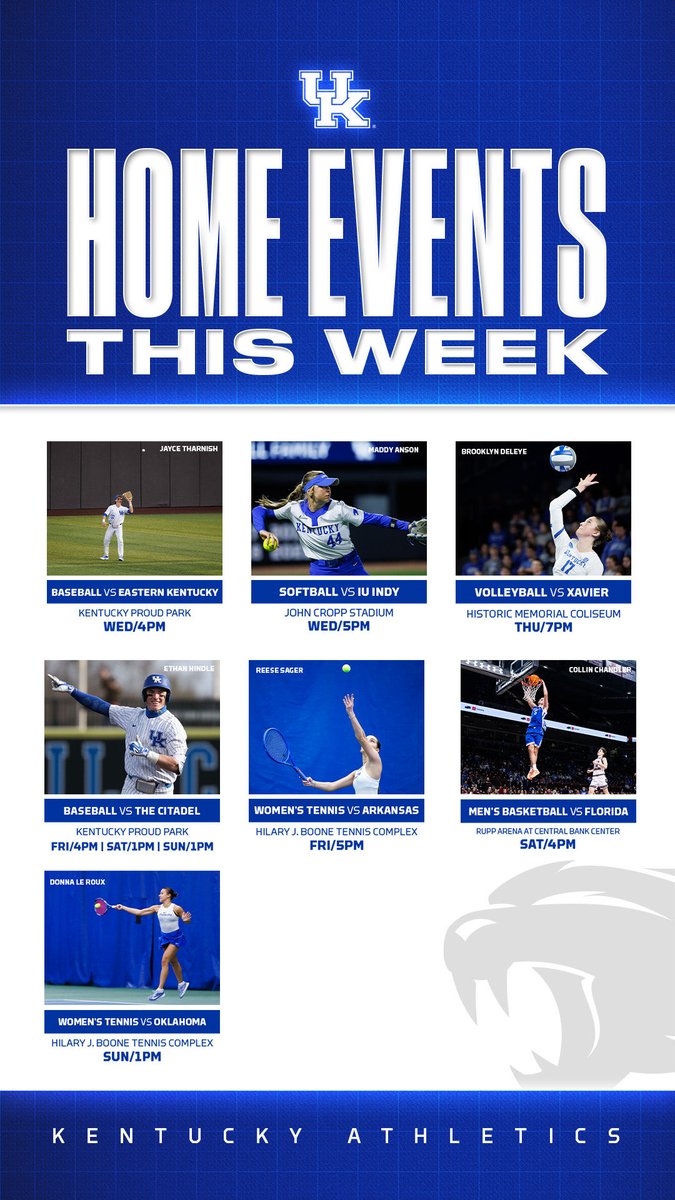 This week’s lineup!😸🔵

#BBN #GoCats 

Kentucky Men’s Basketball Tickets🔗
ticketmaster.com/kentucky-wildc…

Kentucky Baseball Tickets🔗
ticketmaster.com/kentucky-wildc…

Kentucky Softball Tickets🔗
ticketmaster.com/kentucky-wildc…