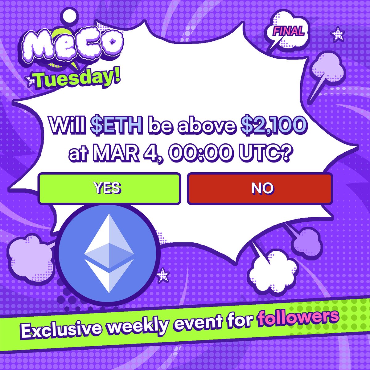 The final week of the epic journey has arrived… Time for the last dance!

Predict &amp; Win Final Round:
Will $ETH be above $2,100 on Mar 4 at 00:00 UTC? (based on CoinMarketCap price)

How to Participate
1️⃣ Follow + Tag 2 frens
2️⃣ Quote this post with your answer(Y/N) and EVM