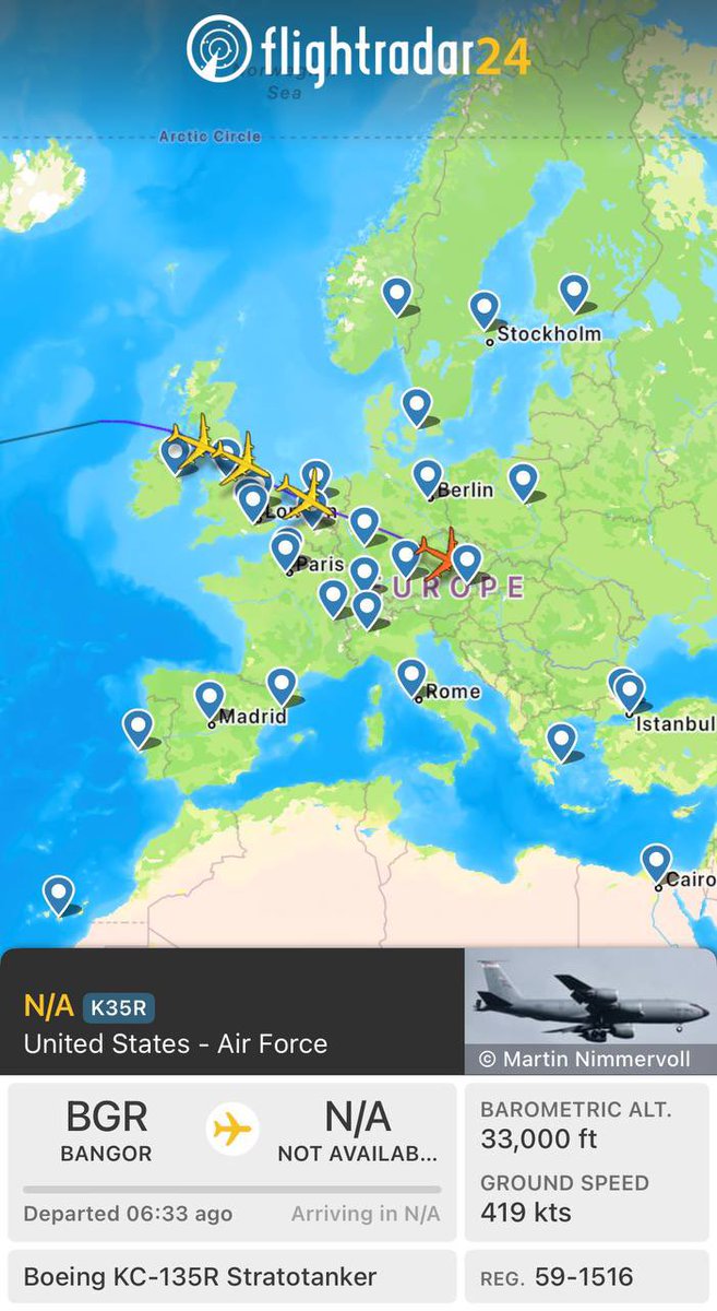 🇺🇸🇮🇷 The US is already sending reinforcements.

Fifteen KC-135R/T "Stratotanker" aerial refueling aircraft moving towards CENTCOM,  four airborne over Europe, eleven over North America, three currently at refueling altitude.
They're gearing up for sustained operations.