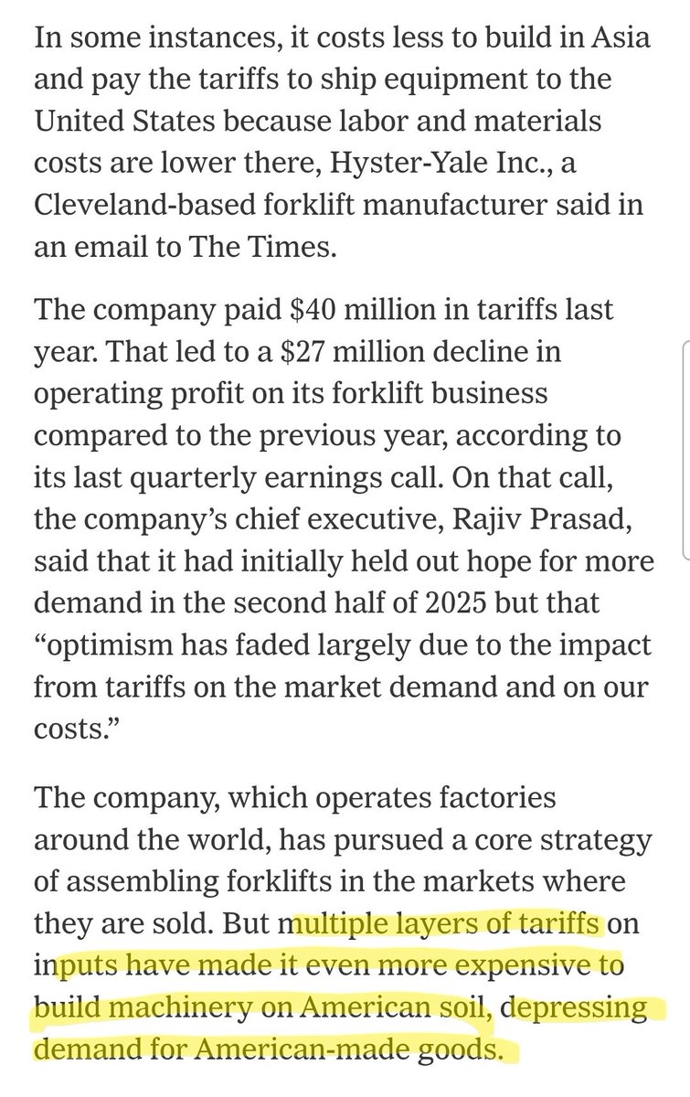"Tariffs Force Down Heavy Equipment Sales and Jobs" share.google/GOIY8WVZ8P3OA4…
"it is more economical to build a forklift overseas, import it and pay the tariff"

"multiple layers of tariffs on inputs have made it even more expensive to build machinery on American soil"