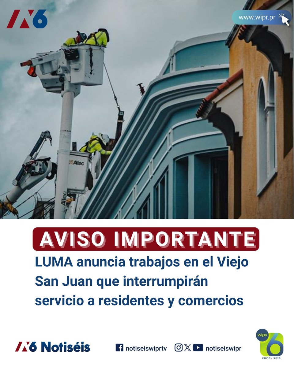 notiseiswipr's tweet image. ⚡🏗️ LUMA anuncia trabajos en el Viejo San Juan que interrumpirán servicio a residentes y comercios

📲 Para más información, acceda al enlace en &amp;gt;&amp;gt;&amp;gt; l.muz.kr/dZMJ

#LUMA #ViejoSanJuan #ServicioElectrico #InfraestructuraPR #PuertoRico #ActualidadPR