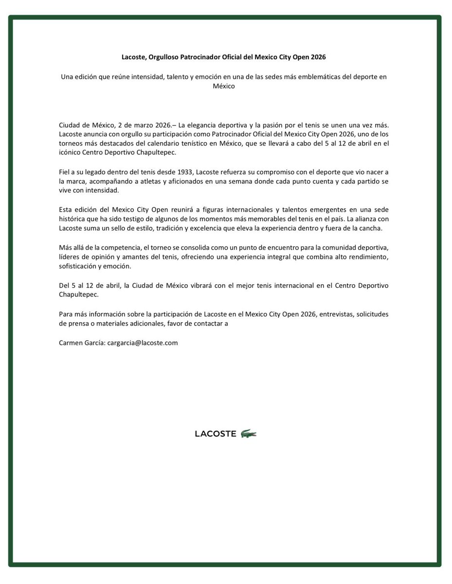 mxcityopen's tweet image. Pasión y elegancia en la cancha👕🐊

El Mexico City Open Presentado por B×+ se enorgullece de darle la bienvenida a Lacoste como nuevo patrocinador, una de las marcas más icónicas del tenis y la moda

#MexicoCityOpen #MCO2026  #TennisLife #ATPChallenger