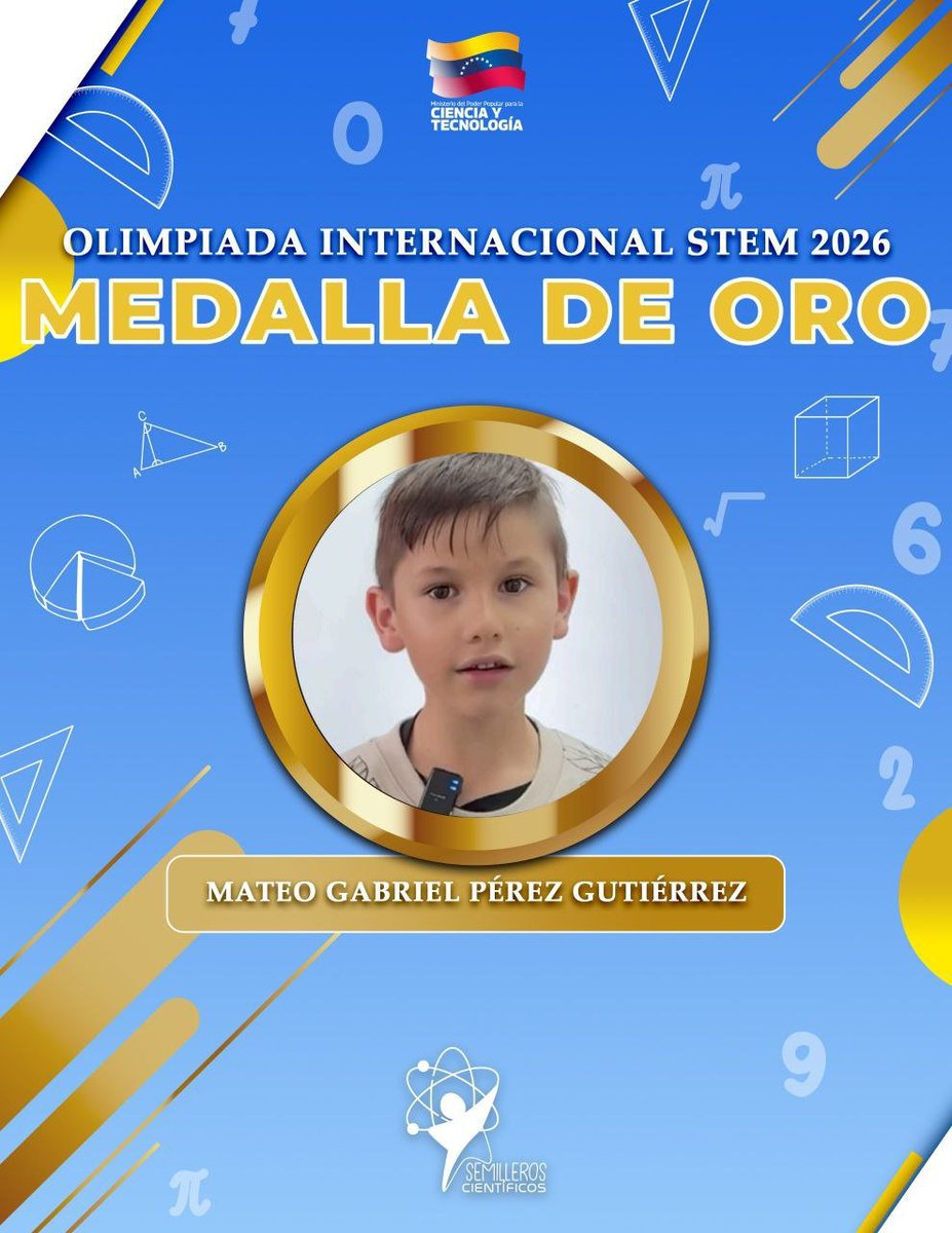 InfoCar32BMFC's tweet photo. Venezolano conquista oro en Olimpiada Internacional STEM 2025

Con apenas 7 años de edad, el tachirense Mateo Gabriel Pérez Gutiérrez ha puesto el nombre de Venezuela en lo más alto del podio mundial. 

Leer más ➡️ https://t.co/FYyBnGACau https://t.co/w6So1u3oNv