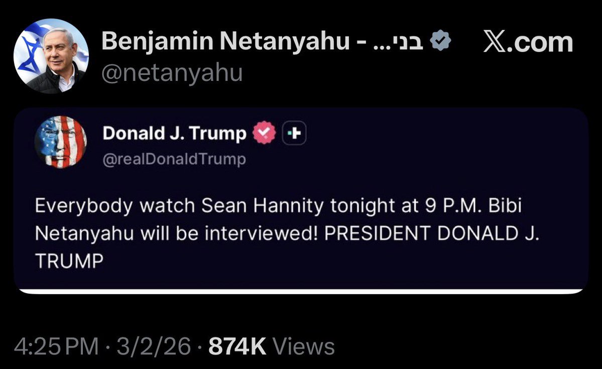 Where we're at: Trump directing us to State Media broadcasting the PM of Israel to tell Americans why we're at war.