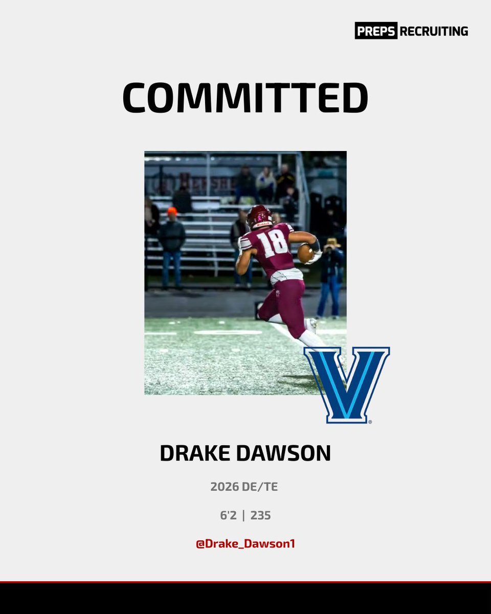 prepsrecruit's tweet photo. The decision is in ποΈ Drake Dawson (@Drake_Dawson1) commits to Villanova University! The 6'2", 235-lb DE/TE is set to bring physicality and versatility to the next level. The next chapter starts now ππ₯
#prepsrecruiting #VillanovaUniversity #DETE #ClassOf2026 #Committed https://t.co/HDFgn0o7HC