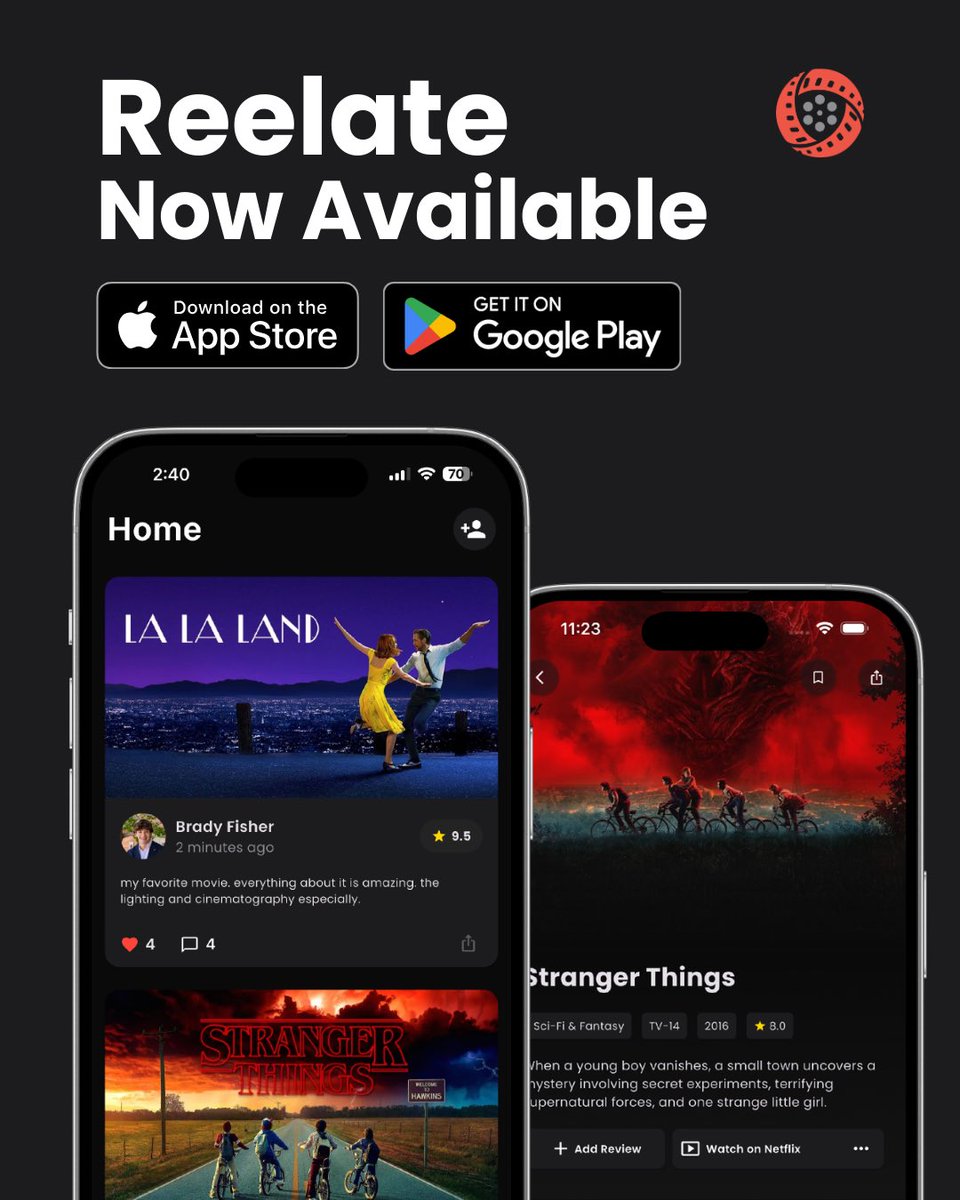 ReelateApp's tweet photo. The wait is over! Reelate is available to all! 

Log, review and discuss your favorite movies &amp; TV shows with friends and the rest of the Reelate community. 🍿 📱 

Download on our website: https://t.co/iI46FfPmCF https://t.co/9xdttKk8aW