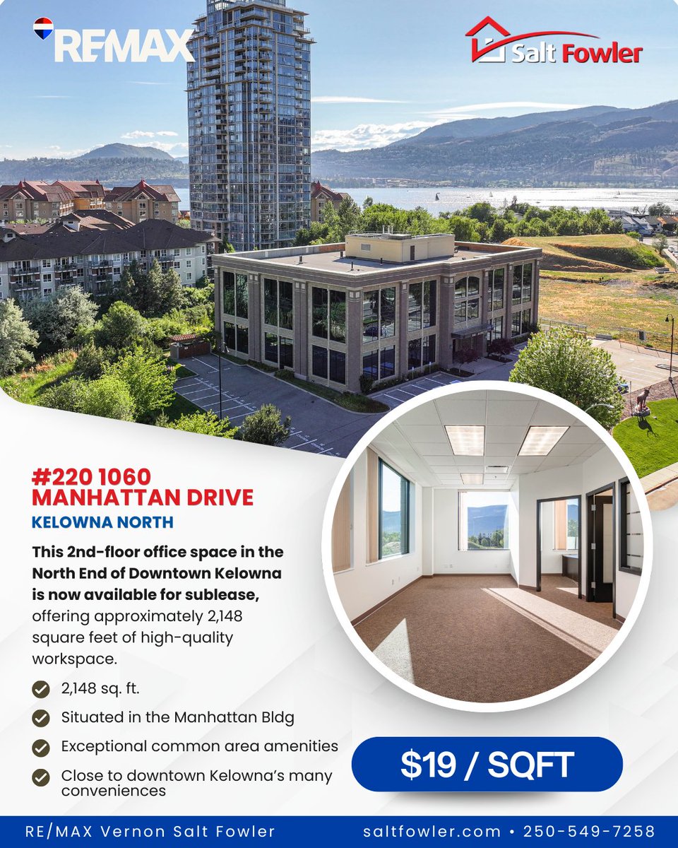 LisaSalt's tweet image. ✨This 2nd-floor office space in the North End of Downtown Kelowna is now available for sublease, offering high-quality workspace. 

🏢 Situated in the Manhattan building, which offers exceptional common area amenities.

#JustAddSalt #SaltFowler #REMAXVERNON #RealEstate