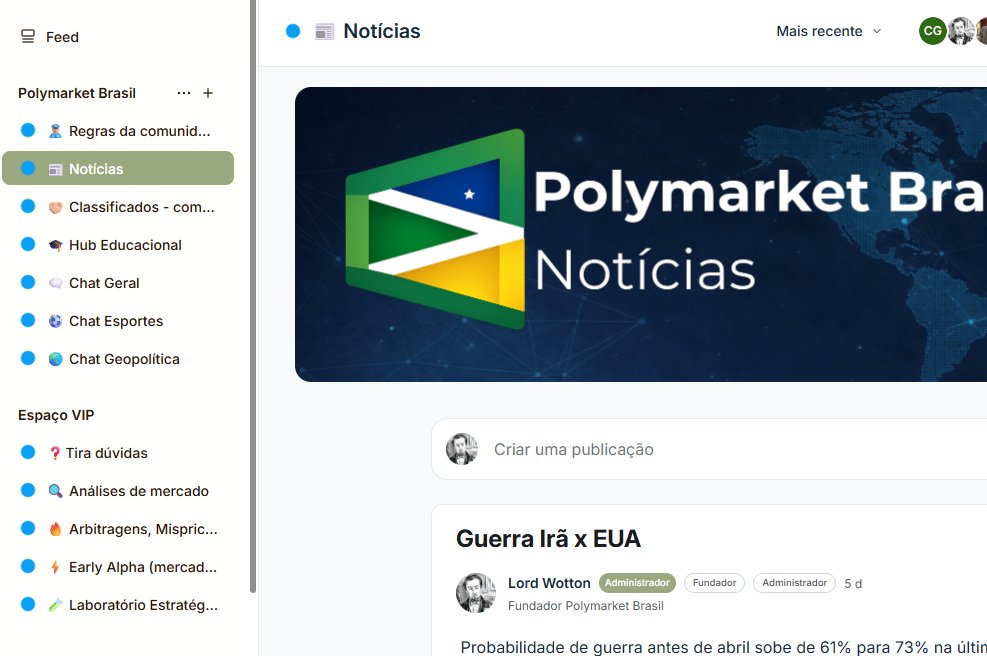 Amanhã abrirei oficialmente a Comunidade Polymarket Brasil. Primeiro para membros fundadores, que apostarão primeiro na ideia e entrarão no projeto com benefícios de sócio. Depois com assinatura mensal.

Explico mais a ideia aqui: t.me/polymarketbras…